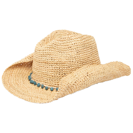 Women's Crocheted Raffia Cowboy Hat with Stone Trim